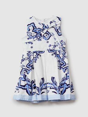 Blue Print Reiss Emiline Cotton Tile Print Pleated Dress