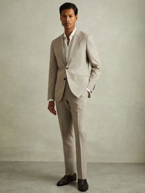 Oatmeal Reiss Elliot Checked Side Adjuster Trousers in Wool-Linen