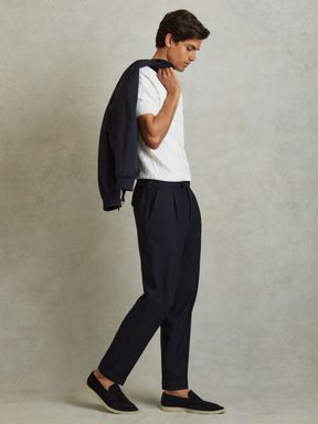 Navy Reiss Bridge Textured Side Adjuster Trousers with Turn-Ups