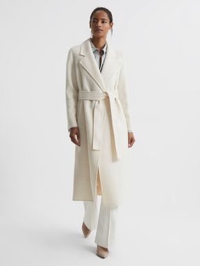 Cream Reiss Ariel Wool Blend Blindseam Belted Coat