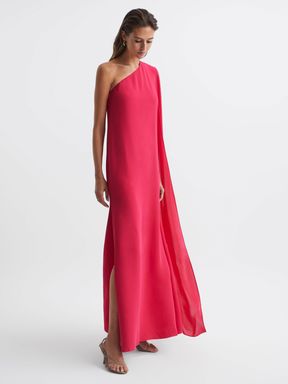 Bright Pink Reiss Nina Cape One Shoulder Maxi Dress