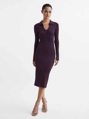 Purple Reiss Ronnie Collared Knitted Bodycon Dress