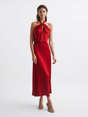 Red Reiss Lornie Halter Maxi Dress