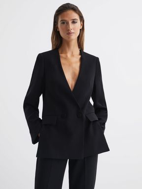 Black Reiss Margeaux Collarless Double Breasted Suit Blazer