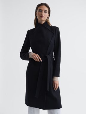 Black Reiss Belle Cashmere Wool Blend Wrap Collar Belted Coat