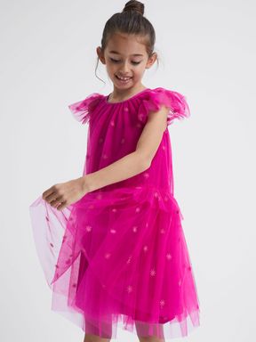 Bright Pink Reiss Fifi Tulle Embroidered Dress