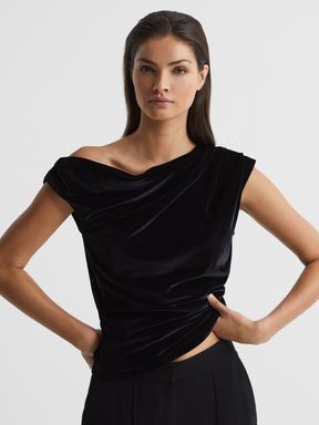 Black Reiss Mia Velvet Short Sleeve Drape Top