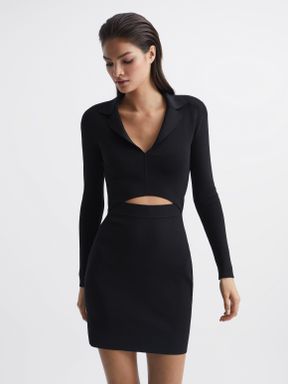 Black Reiss Freya Cut-Out Collared Knitted Bodycon Dress