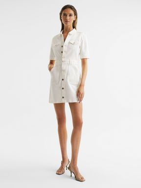 White Reiss Mayslie PAIGE Button Through Denim Mini Dress
