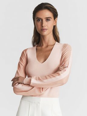 Pink Reiss Sophie Sheer Sleeve Knitted Top