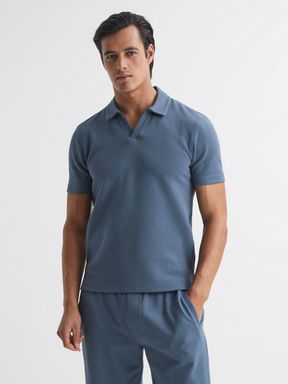 Airforce Blue Reiss Thom Short Sleeve Open Collar Polo Shirt