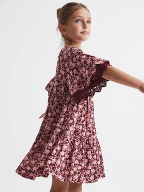 Pink Print Reiss Alivia Lace Sleeve Printed Dress