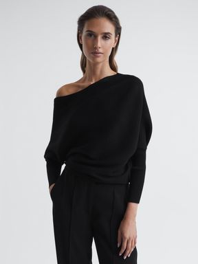 Black Reiss Lorna Asymmetric Drape Knitted Top