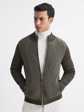 Forest Green Reiss Amos Hybrid Zip-Through Quilted Jacket