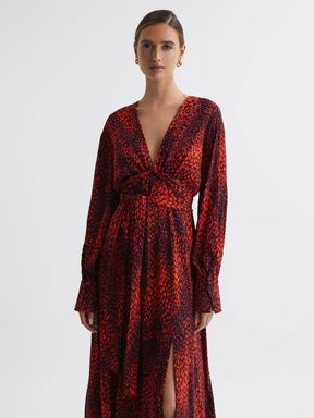 Red Reiss Maya Animal Print Blouson Sleeve Midi Dress