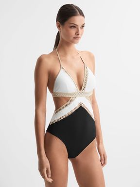 Black/White Reiss Savannah Lattice Halterneck Swimsuit