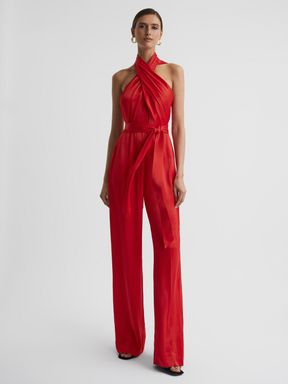 Red Reiss Jules Satin Halter Neck Fitted Jumpsuit