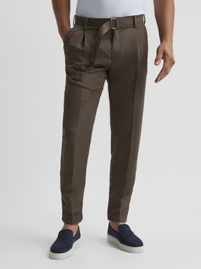 Mocha Reiss Crease Linen Belted Tapered Trousers