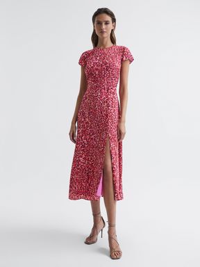 Red Reiss Livia Printed Cut Out Back Midi Dress