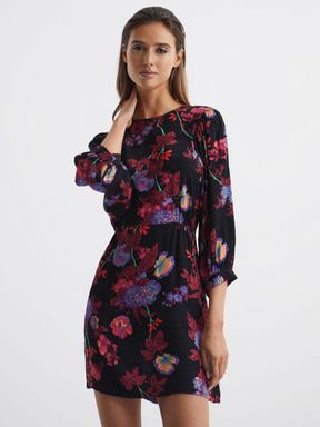 Black/Pink Reiss Paulina Fitted Floral Print Mini Dress