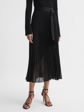 Black Reiss Anya Pleated Midi Skirt