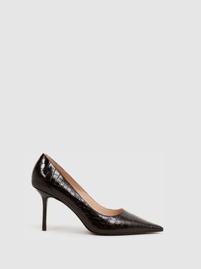 Black Reiss Elina Mid Heel Leather Court Shoes