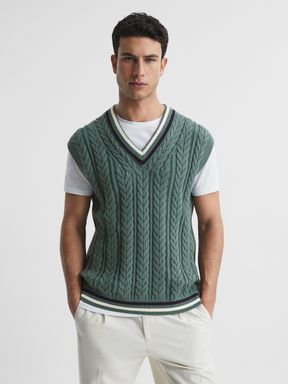 Pine Green Reiss Gove Sleeveless Cable Knit Vest