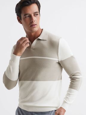 Soft Grey/White Reiss Tokyo Slim Fit Colourblock Open Collar Shirt