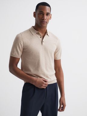 Oatmeal Melange Reiss Wilton Slim Fit Knitted Polo Shirt