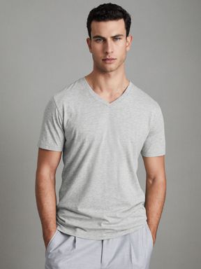 Grey Marl Reiss Dayton Cotton V-Neck T-Shirt