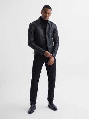Black Reiss Roland Zip Through Leather Jacket