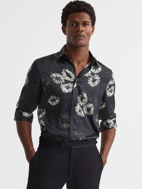 Black/White Reiss Evie Floral Print Long Sleeve Shirt