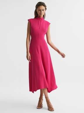 Bright Pink Reiss Livvy Open Back Midi Dress