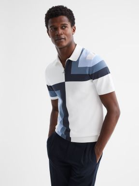 Optic White Reiss Chapel Slim Fit Short Sleeve Half Zip Colourblock Polo Shirt