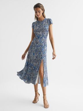 Blue Reiss Livia Printed Cut Out Back Midi Dress