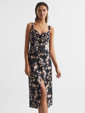 Black/Blush Reiss Aleen Floral Print Linen Midi Dress