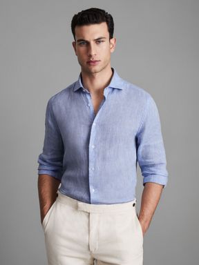 Soft Blue Reiss Ruban Linen Long Sleeve Shirt