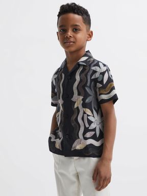 Black Reiss Delphi Linen Floral Cuban Collar Shirt
