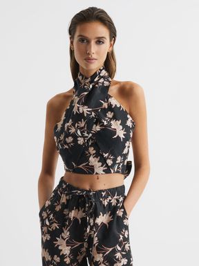 Black/Blush Reiss Ally Printed Halter Neck Cropped Top