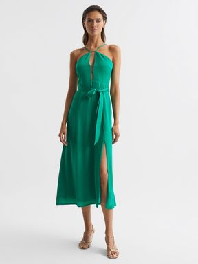 Green Reiss Arianna Halter Neck Belted Midi Dress