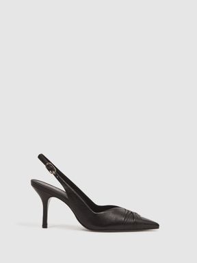 Black Reiss Delilah Mid Heel Leather Sling Back Court Shoes