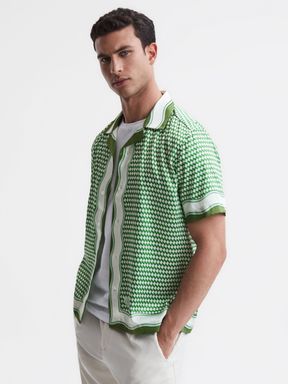 Green/Ivory Reiss Vanpelt Printed Cuban Collar Short Sleeve Shirt