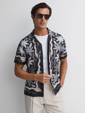 Black Multi Reiss Delphi Linen Floral Cuban Collar Shirt