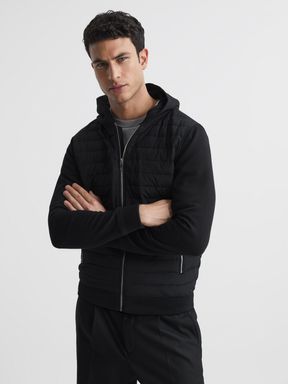 Black Reiss Taylor Hybrid Zip Quilted Hooded Jacket