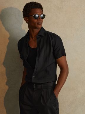 Black Reiss Holiday Slim Fit Linen Button-Through Shirt