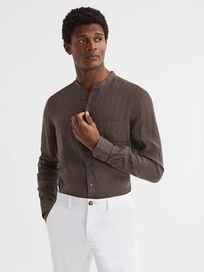 Chocolate Reiss Ocean Linen Grandad Collar Shirt