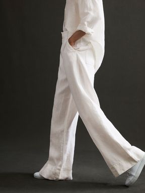 White Reiss Demi Linen Wide Leg Garment Dyed Trousers