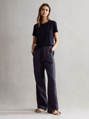 Navy Reiss Cleo Linen Wide Leg Drawstring Trousers