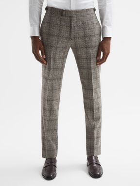 Brown Reiss Alfredo Slim Fit Prince Of Wales Check Trousers