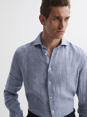 Blue/White Reiss Ruban Linen Button Through Shirt